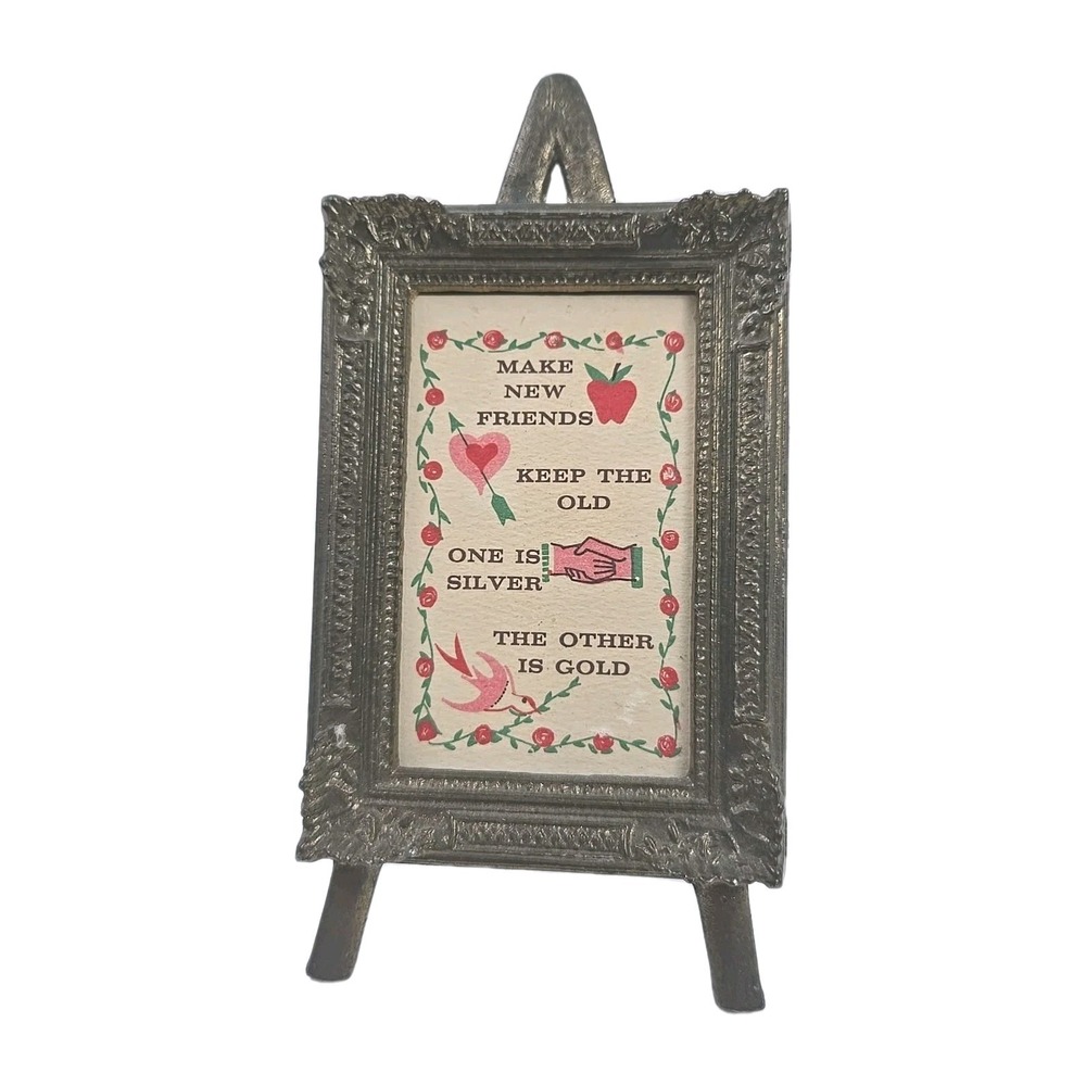 Vintage Small Ornate Brass Easel Frame with Friendship Quote Has Patina 6x3"
